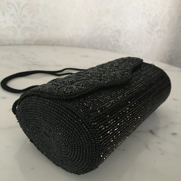 Vintage Black Bugle Bead Evening Bag Clutch MINT - Picture 4 of 10